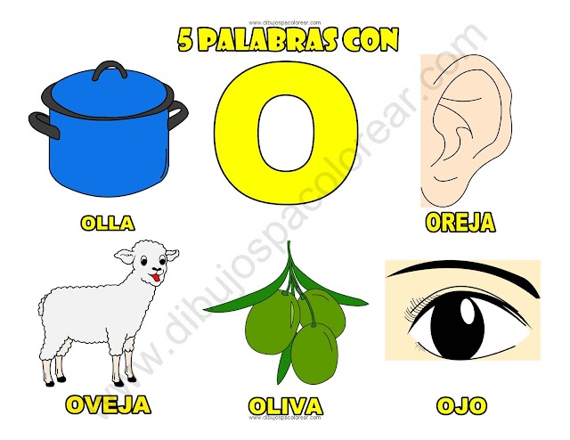 Cinco Palabras con la letra O dibujo a color y para colorear